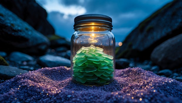 Glass Jar Filled with Green Sea Glass on Glittering Purple Sand photo
