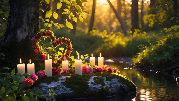 Candles and Floral Heart Adorn Mossy Rock by Forest Stream photo