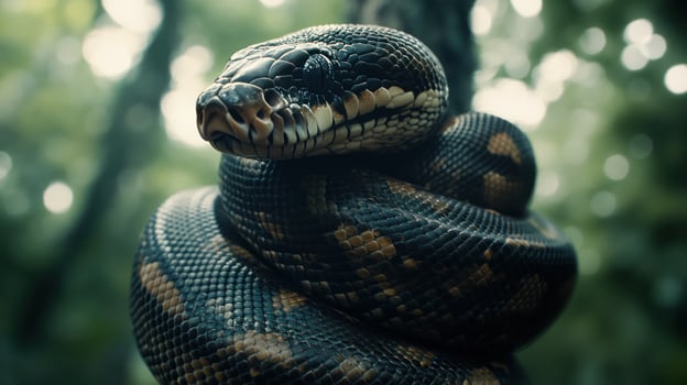 A large snake is coiled around a tree branch beautifully photo