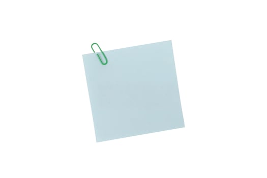 Post It Note or Sticky Note, A single green paperclip secures a blank light blue square note, isolated on a white background include clipping path photo