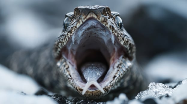 An up close image depicts a snake with an open mouth photo