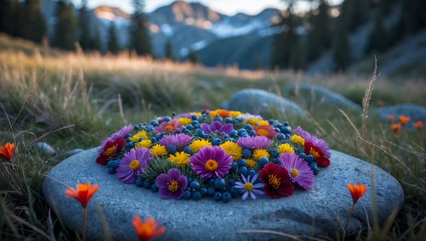 Colorful Flowers and Berries Arranged on a Rock in Mountain Meadow photo