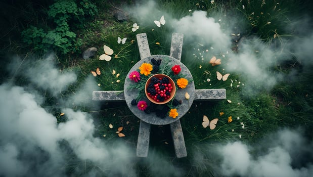 Berries and Flowers on Stone Table with Smoke and Butterflies photo