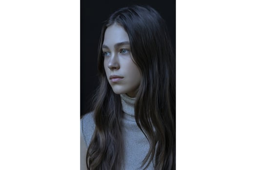 Portrait of a young woman with long brown hair and a turtleneck sweater looking left photo
