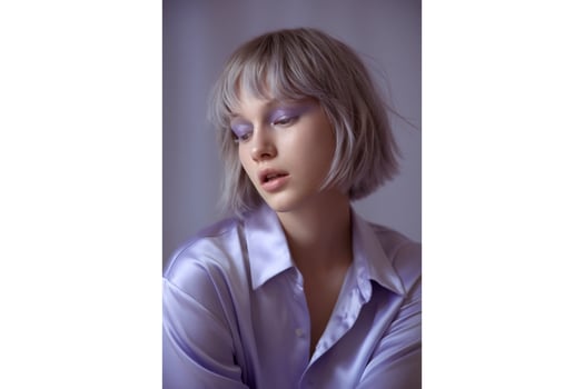 Portrait of a woman with purple eyeshadow and a lilac silk shirt looking down photo