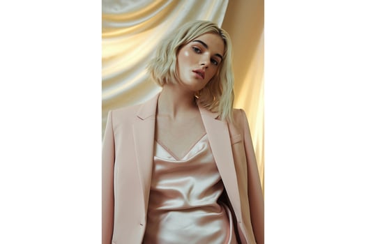 Portrait of a blonde woman in a pink blazer and satin top against gold backdrop photo