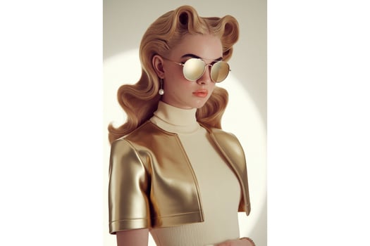 A woman with blonde hair wearing gold sunglasses and a gold cropped jacket posing photo