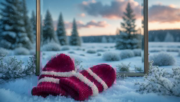 Winter Warmth Two Knitted Mittens in Snow at Sunset Landscape photo