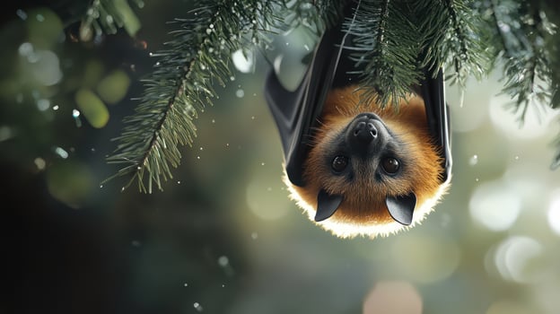An adorable fruit bat hangs upside down on a tree branch photo