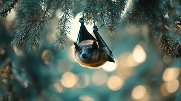 A small brown bat is hanging from a green pine tree photo