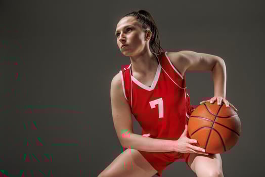 Focused Female Basketball Player in Red Uniform Holding Ball, Ready for Action on Dark Background photo