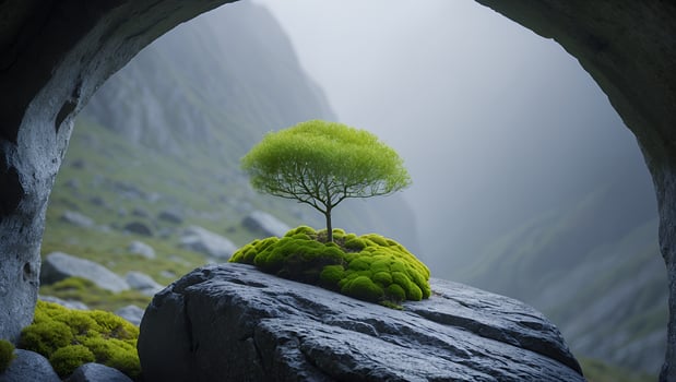 Tree Growing on Rock with Moss Through Cave Opening Landscape photo