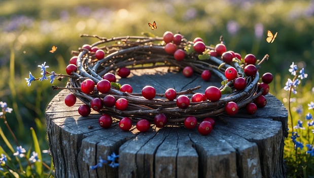 Cranberry Wreath Resting on Wooden Stump in a Sunlit Meadow photo