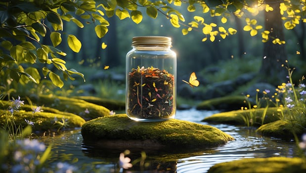 Glass Jar with Dried Plants in Forest Creek with Butterfly photo