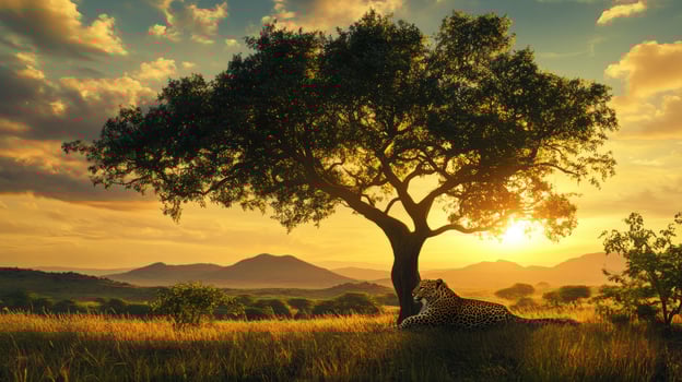 A leopard rests beneath a beautiful tree during golden sunset photo