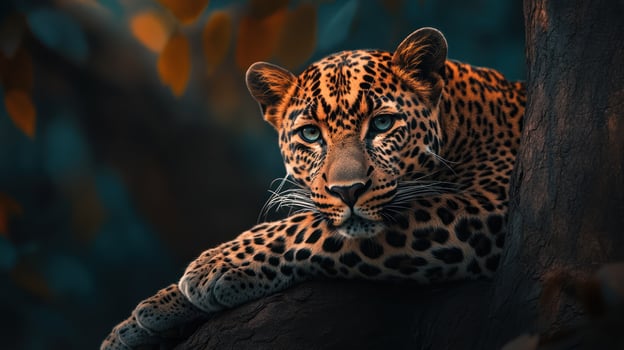 A majestic leopard gazing peacefully from a tree branch photo