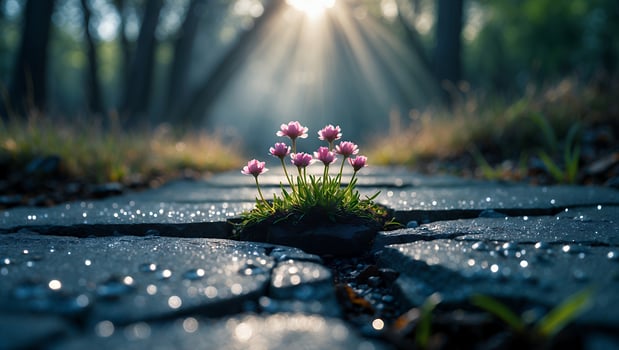 Pink Flowers Growing Through Cracks in Pavement with Sun Rays photo