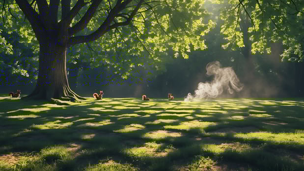 Squirrels Relaxing in Sunny Grassy Field Under a Large Tree photo