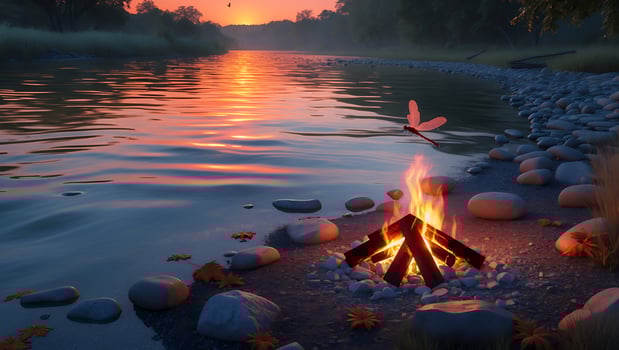 Campfire by the River at Sunset with Dragonfly and Calm Water photo