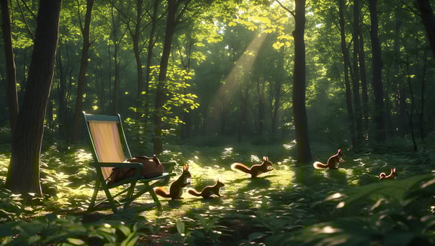 Squirrels Run Through Sunlight in a Forest Glade with Chair photo