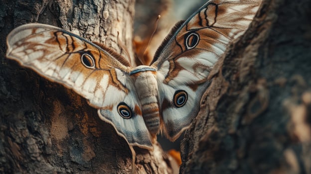 A beautiful butterfly with open wings resting on a tree trunk photo