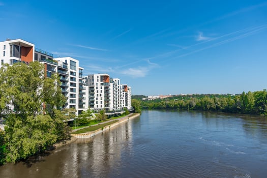 Prague, Czech republic - September 20, 2024. Marina Island apartment buildings after a flood threat photo