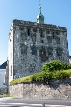 Bergen, Norway - July 9, 2024. View of Rosenkrantz Tower, a historic fortress in Bergen city center photo