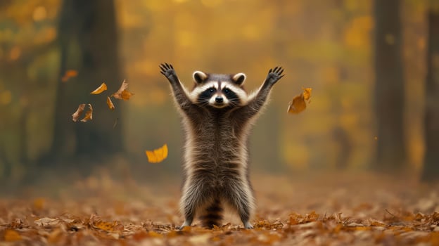 An adorable raccoon stands joyfully with arms up in an autumn scene photo