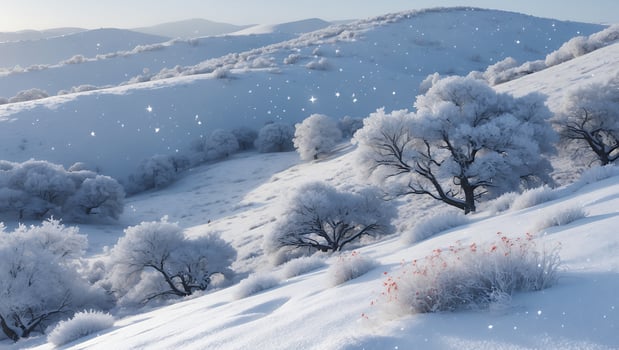 Snowy Hillside Landscape with Trees and Sparkling Winter Light photo