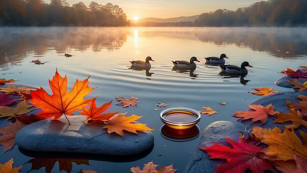 Ducks Swimming in Autumn Lake with Maple Leaves and Sunbeams photo