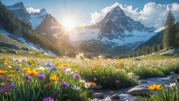 Alpine Meadow with Wildflowers and Mountain Peak Under Bright Sunlight photo