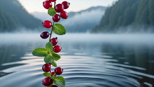 Red Berries and Mint by Misty Lake with Mountains in Background photo