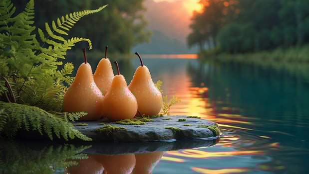 Pears on Rock by Water with Ferns Reflecting Sunset Glow photo