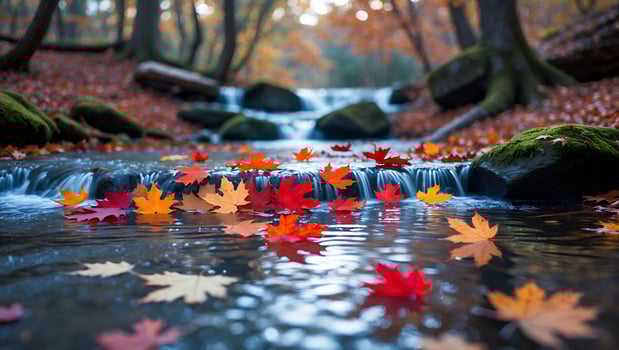 Autumn Leaves Flowing Down a Gentle Stream in a Lush Forest photo