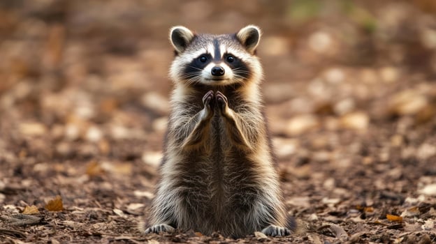 A Cute Raccoon Standing Upright with its Paws Together photo
