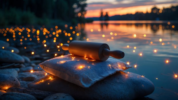Rolling Pin on Pillow at Dusk by Lake with Glowing Lights photo