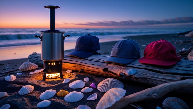 Camping Stove Heats Water on Beach with Hats and Seashells at Sunset photo