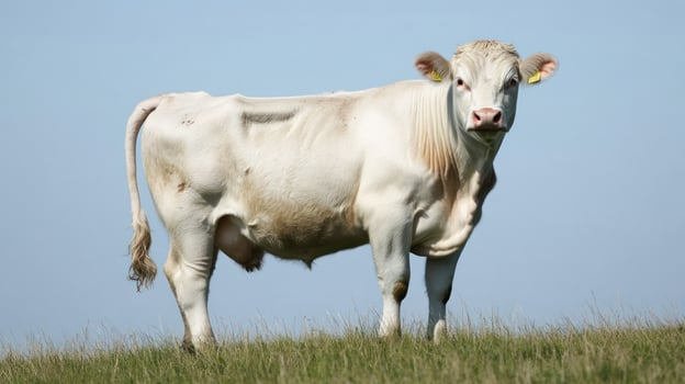 A solitary cow standing in a green grassy field under blue sky photo