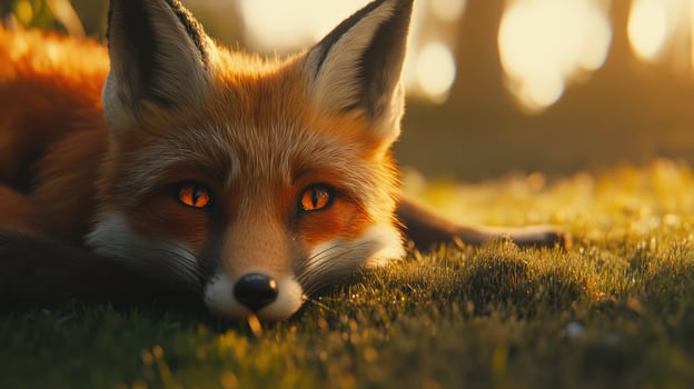 A majestic fox with captivating eyes resting on green grass photo
