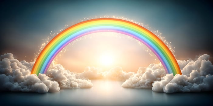 Magical Rainbow Arch over Cloudy Sky with Sunset Glow photo