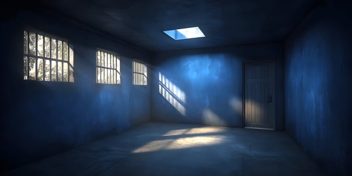 Dark Prison Cell Room Concrete Walls Bars Sunbeams photo