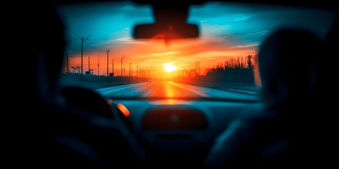 Sunset Road Trip Silhouette Inside Car Driving Highway Landscape photo