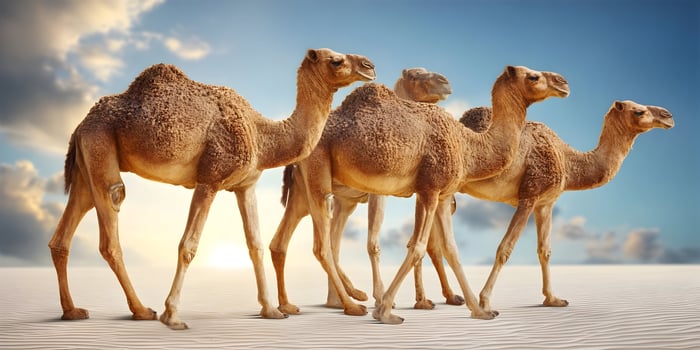 Three Dromedary Camels Desert Landscape Sunset Scene photo