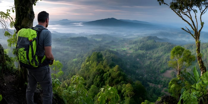 Man with Backpack Enjoying Mountain Top View Lush Green Valley Landscape Sunrise Scenery photo