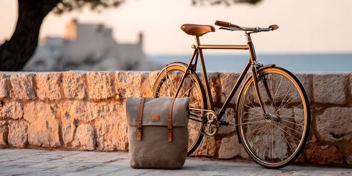 Brown Bicycle with Canvas Bag near Stone Wall at Sunset Beach photo