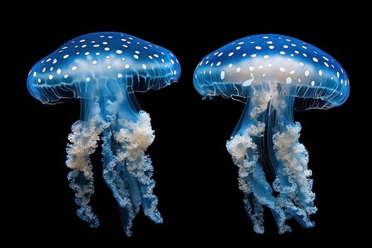 Two Spotted Blue Jellyfish Swim Against Black Background photo