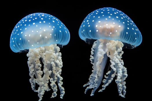 Two Spotted Blue Jellyfish Against Black Background photo