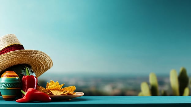 Enjoying Delicious Nachos With a Colorful Mexican Hat and Decorations Overlooking a Sunny Landscape photo