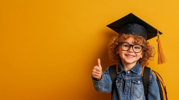 Young Graduate Celebrates Achievement With Smile and Thumbs up in Front of Yellow Background photo