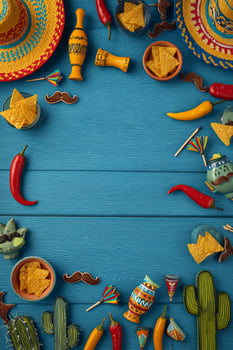 Colorful Fiesta Celebration Layout Featuring Hats, Snacks, and Drinks on Blue Wooden Table. photo